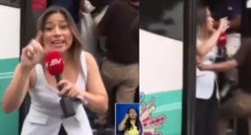 Presentadora subió a un bus y el conductor arrancó con ella en vivo