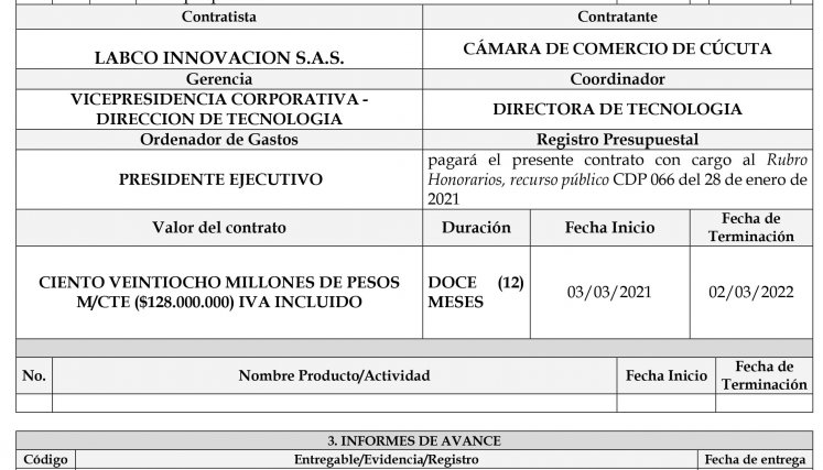 Acta de inicio del contrato entre Labco y la Cámara..