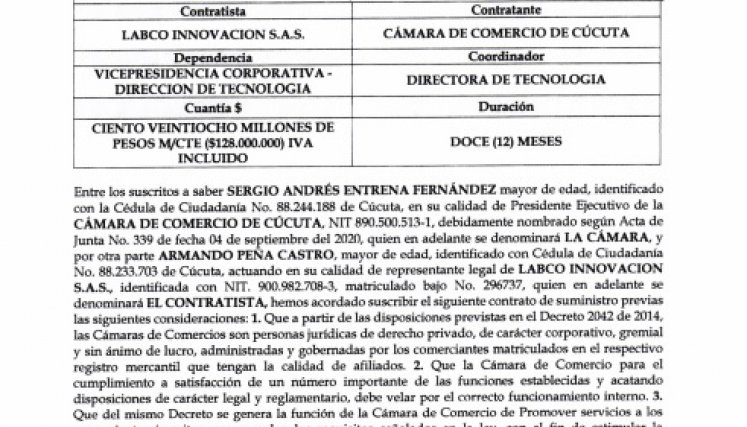 Contrato de Labco Innovación, cuyo representante legal es Armando Peña, con la Cámara de Comercio.