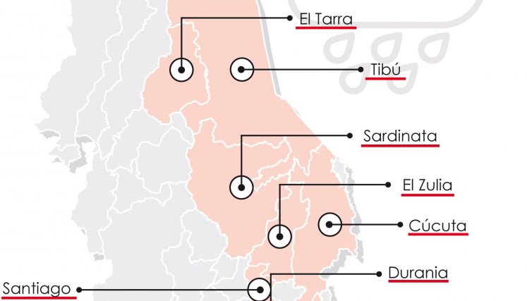 Mapa de municipios afectados por las lluvias en Norte de Santander.