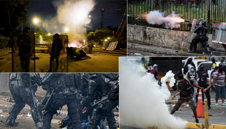 La represión de las protestas actuales ha sido "bárbara", según la experta María del Pilar Castillo, de la Universidad del Valle. "Se recrudece en las noches (...), ayudada con helicópteros, con personas civiles armadas o policías vestidos de civil". / Foto. AFP