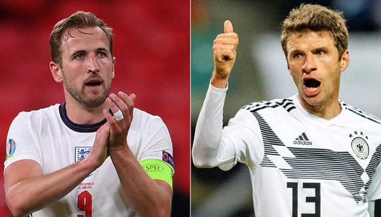 Harry Kane (izquierda), delantero de la selección inglesa y Thomas Muller, mediocampista del seleccionado alemán.