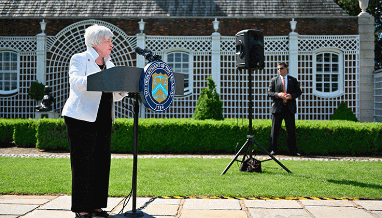 La secretaria del Tesoro de Estados Unidos, Janet Yellen, durante una conferencia de prensa en Winfield House en Londres, tras reunión de ministros de finanzas del G7./ AFP