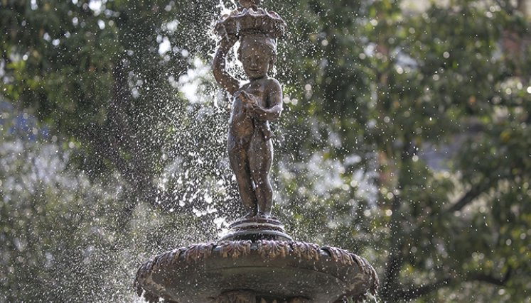 Niño sosteniendo un rampuche en la fuente del parque Santander.