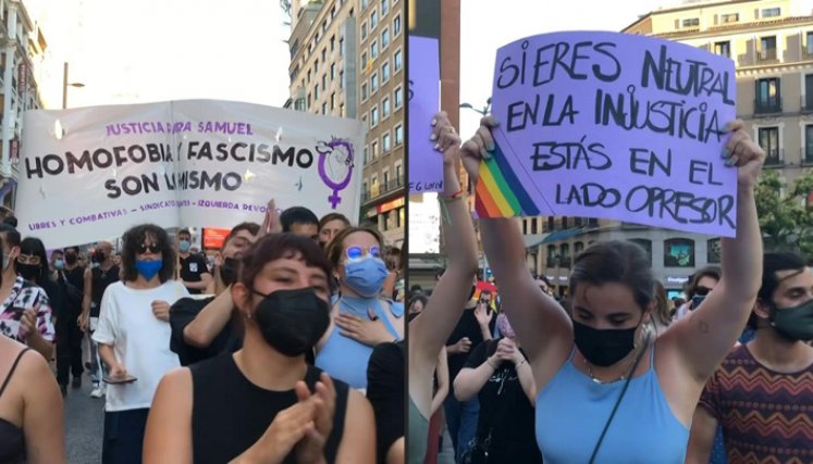 "Justicia para Samuel. Homofobia y fascismo son lo mismo", rezaba la gigantesca pancarta que portaban los manifestantes, que iniciaron una marcha este lunes por la noche en la famosa Puerta del Sol de Madrid, observó AFPTV. / Foto: AFP