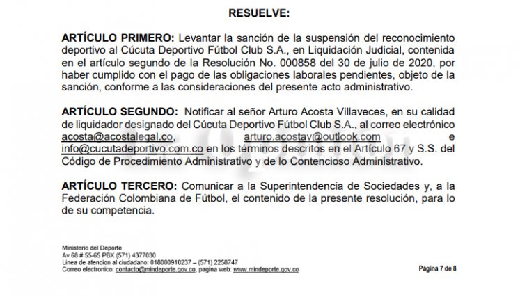 Resolución Ministerio del Deporte.