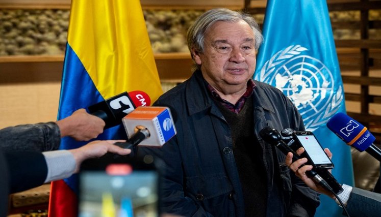 El Secretario General de la ONU, Antonio Guterres, a su llegada a Colombia para asistir a la conmemoración de los cinco años del proceso de paz, en Bogotá./ AFP