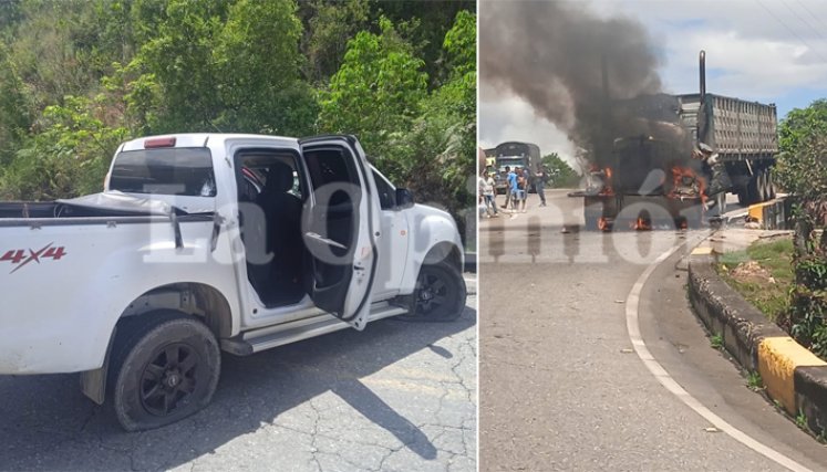 Varios hombres fuertemente armados montaron un retén ilegal, deteniendo la movilización y quemando el vehículo de carga pesada. / Foto:  Cortesía