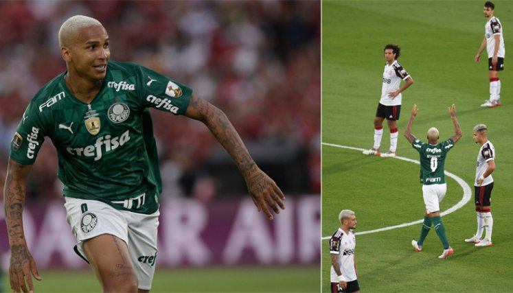 Deyverson del Palmeiras celebra tras anotar ante el Flamengo durante la final del torneo de fútbol de la Copa Libertadores, en el estadio Centenario de Montevideo, el 27 de noviembre de 2021. / Foto: AFP