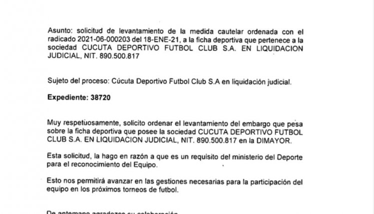 Carta liquidador del Cúcuta Deportivo 