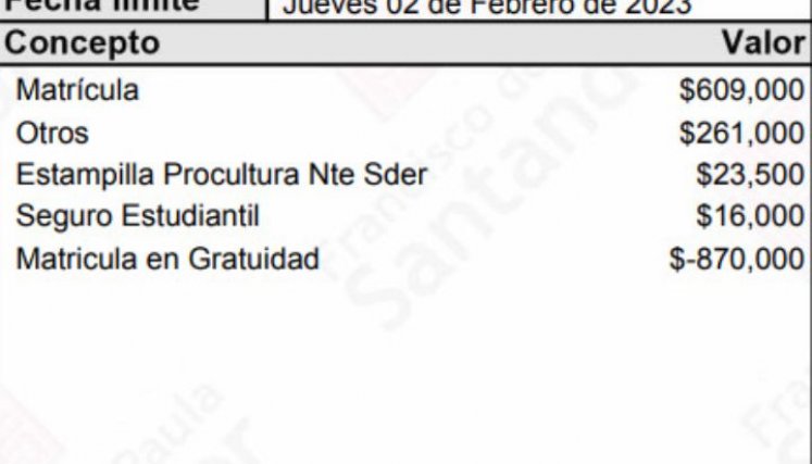 Valor de matrícula con el descuento de la Política de Gratuidad./ Foto: Cortesía 