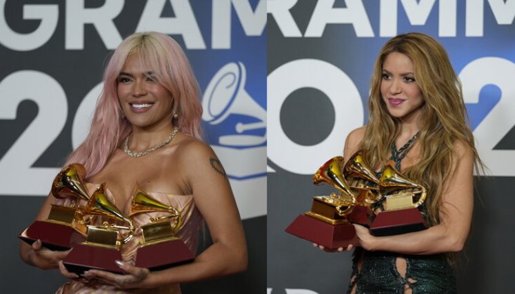 Shakira y Karol G, cada una obtuvo tres grammys. Foto: Colprensa