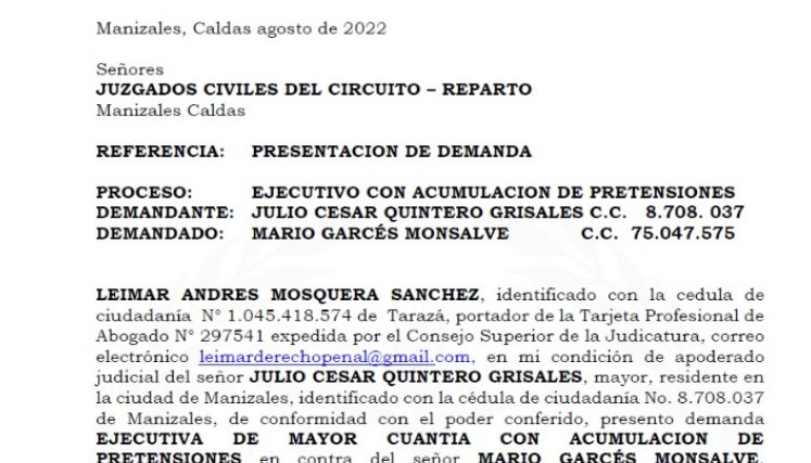 Demanda que interpuso el sacerdote Julio César Quintero contera Mario Garcés, hermano del Obispo de Cúcuta/Foto cortesía