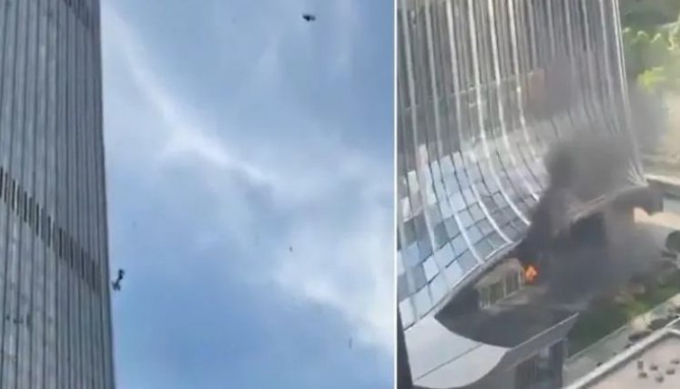 Así quedó la fachada del rascacielos más alto de Pekín tras el impacto de una avioneta