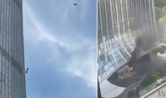 Así quedó la fachada del rascacielos más alto de Pekín tras el impacto de una avioneta
