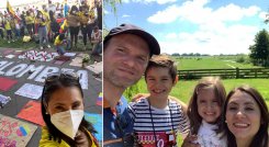 (Imagen izquierda) Caterine Cote Lamus junto a su esposo Jens Kalscheuer y sus hijos Lukas y Sofía. Caterine, su esposo y sus hijos se vistieron con la camiseta de la Selección Colombia para participar en las recientes manifestaciones que se organizaron en Alemania y otros países, en rechazo al abuso de policías en medio de las protestas que se presentan en el país desde el 28 de abril. / Fotos: Cortesía
