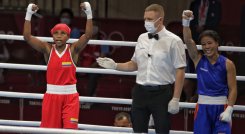 colombiana Ingrit Valencia, medallista de bronce en Rio-2016, se estrenó en los Juegos de Tokio derrotando a Mary Kom, un ícono del deporte de India que soñaba con alcanzar su ansiado oro olímpico a los 38 años./ Foto: Comité Olímpico Colombiano
