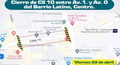 Este viernes, en la noche, se cerrará el paso de carros por la calle 10./Foto cortesía