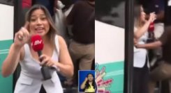 Presentadora subió a un bus y el conductor arrancó con ella en vivo