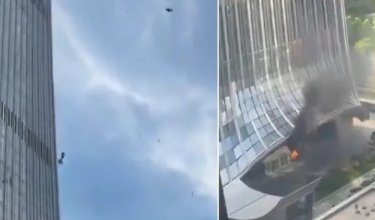 Así quedó la fachada del rascacielos más alto de Pekín tras el impacto de una avioneta