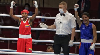 colombiana Ingrit Valencia, medallista de bronce en Rio-2016, se estrenó en los Juegos de Tokio derrotando a Mary Kom, un ícono del deporte de India que soñaba con alcanzar su ansiado oro olímpico a los 38 años./ Foto: Comité Olímpico Colombiano