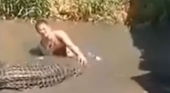 Turista concunde Cocodrilo con estatua